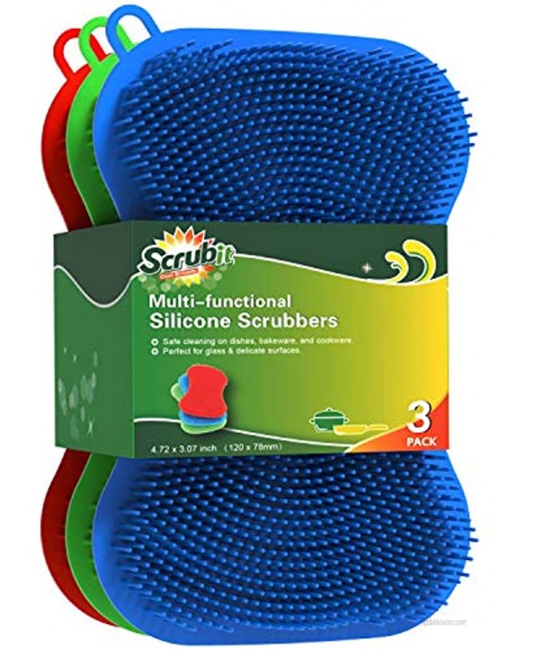Silicone Scrubbing Pad Sponges by SCRUBIT Real Silicon Non Scratch Kitchen Scrubber Non Smell Cleaning Sponges for Kitchen Dishes Reusable Soft Dish Sponge Blue Red Green Pads 3 Pack
