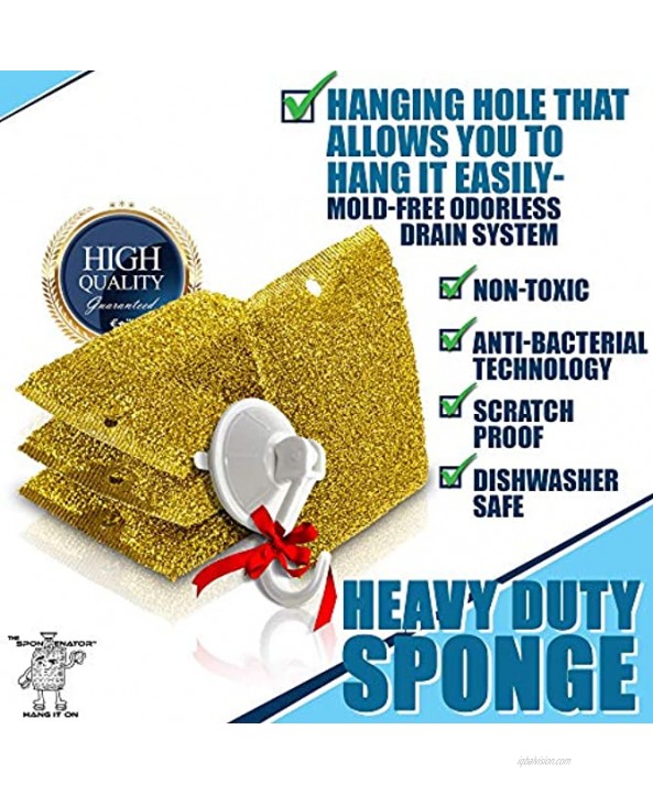 SPONGENATOR Kitchen Scrubbing Sponges w Hole Heavy Duty Non-Scratch Cleaner Sponges in Gold Multi-Surface Non-Metal Dish Scouring Scrubbers – Bonus Suction Cup Holder. 6 Pack + Holder