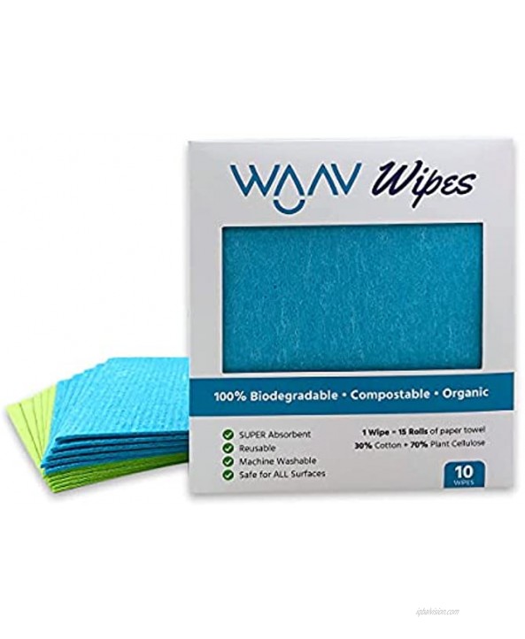 WAAV Organic Reusable Sponge Dish Cloths for Household Cleaning Sustainable Alternatives to Paper Towels Biodegradable Super Absorbent and Machine Washable Cleaner Rags Pack of 10 Wipes