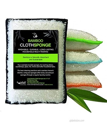 Whiff Bamboo Sponges Sustainable Scrubbing Power Naturally Hygenic Washable Absorbent Durable Reusable Cleaning Essentical Kitchen and House Hold Multi-Tasking 4pk