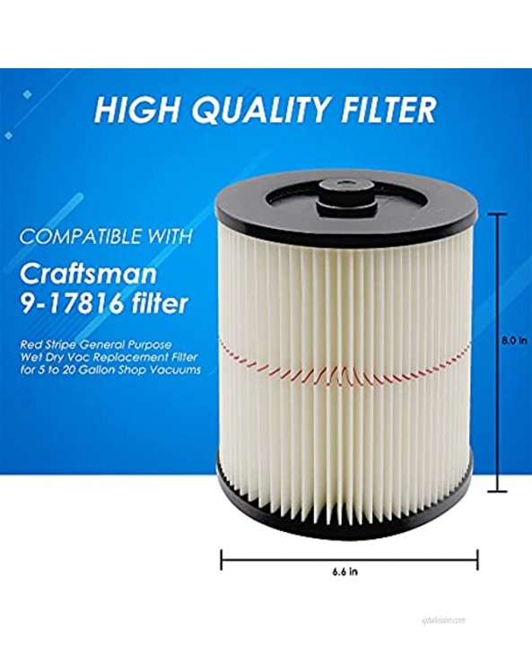 2 Pack 9-17816 Air Cartridge Filter fit Craftsman Wet Dry Shop Vac Replacement Part fit 5 Gallon & Larger Vacuum Cleaner