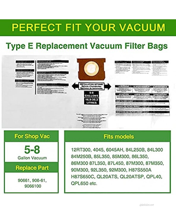 GEYUEMEY 6 Pack Replacement for Shop Vac Bags Type E 9066100 90661 Compatible with Shop Vac Bags 5-8 Gallon Disposable Collection Filter Bags
