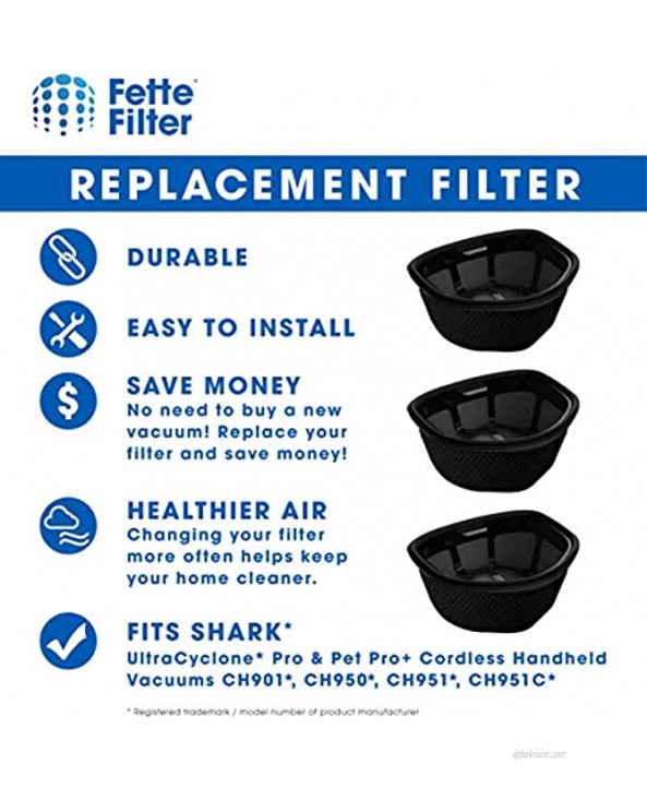 Fette Filter Dust Cup Filter Compatible with Shark UltraCyclone Pro Cordless Handheld Vacuum CH901 CH950 CH951 CH951C. Compare to Part # XFTRCH900 Pack of 6