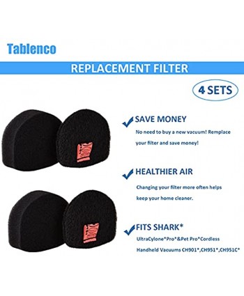 Tablenco Replacement Foam & Felt Filters Compatible with Shark CH901 CH950 CH951 CH951C CH900WM UltraCyclone Pro Cordless Handheld Vacuum Compare to Part #XFTRCH900 4 Pack