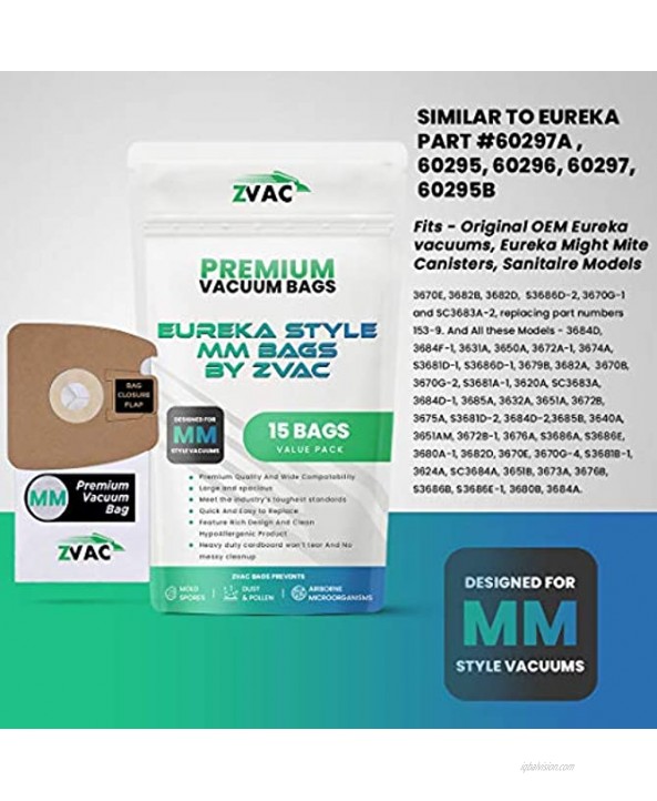 15 Eureka Style MM Micro-lined Mighty Mite & Sanitaire Allergen Filtration Vacuum Cleaner Bags; Similar to Eureka Part # 60297A 60295 60296 60297 60295B; By ZVac