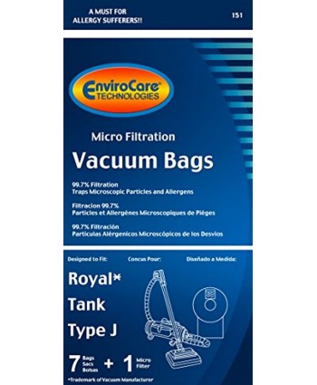 EnviroCare Replacement Micro Filtration Vacuum Cleaner Dust Bags for Royal Tank Type J. 7 Pack and 1 Filter tan