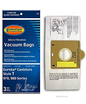 EnviroCare Replacement Micro Filtration Vacuum Cleaner Dust Bags Made to fit Eureka Style T Canisters 3 Bags