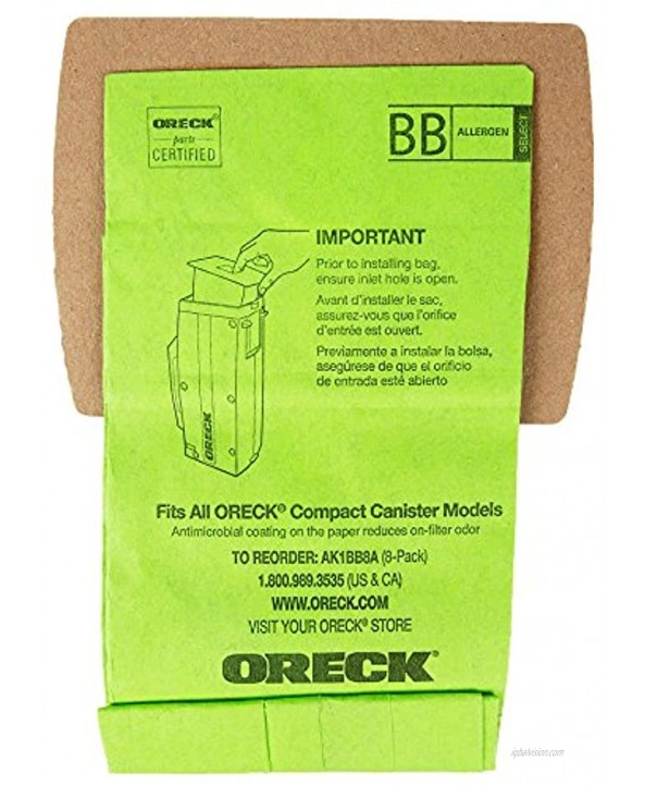 Genuine Oreck AK1BB8A Vacuum Bag for BB900-DGR Canister Vacuum Cleaner green 8-pack bags + 1 motor filter Replaces Oreck Part PKBB12DW