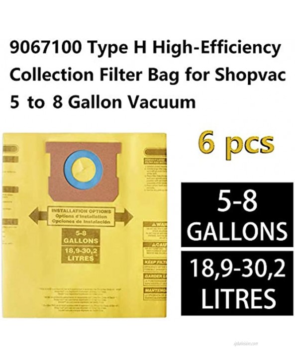 Tomkity 6 Packs High Efficiency Bag Type H 9067100 Vacuum Filter Bags for Shop Vac 5-8 Gallon Vacuum Part #90671