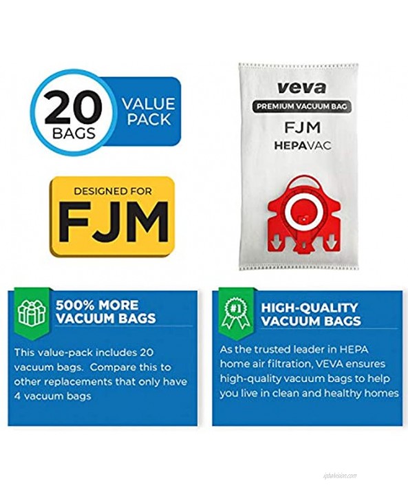 VEVA 20 Premium HEPA Vacuum Bags Style FJM Compatible with Miele Vacuums Compact C1 C2; Complete C1 and AirClean 3D Efficiency Canister Bag