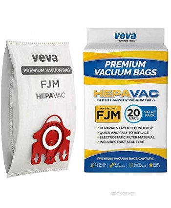 VEVA 20 Premium HEPA Vacuum Bags Style FJM Compatible with Miele Vacuums Compact C1 C2; Complete C1 and AirClean 3D Efficiency Canister Bag