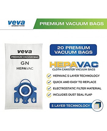 VEVA 20 Premium HEPA Vacuum Bags Style GN Compatible with Miele Vacuums Complete C3 C2; Classic C1 and AirClean 3D Efficiency Canister Bag