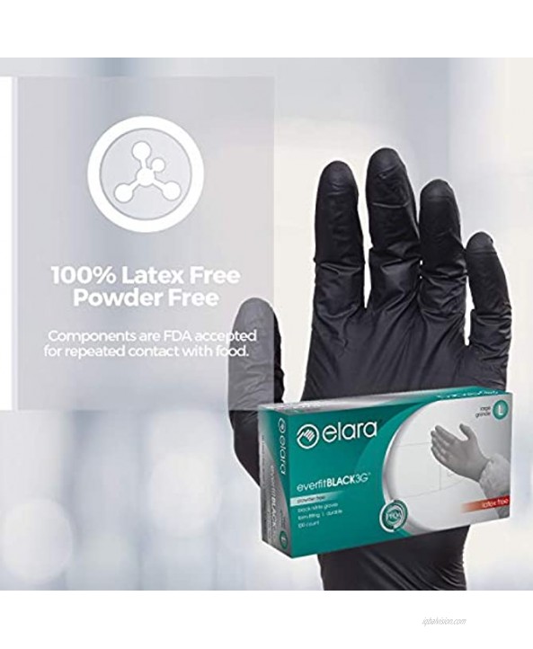 Elara FNE303BK EverfitBLACK3G Nitrile Disposable Gloves 3 mil Black Powder Free Food Safe Non-Latex Size Large Box of 100 Model Number: FNE303BK-100