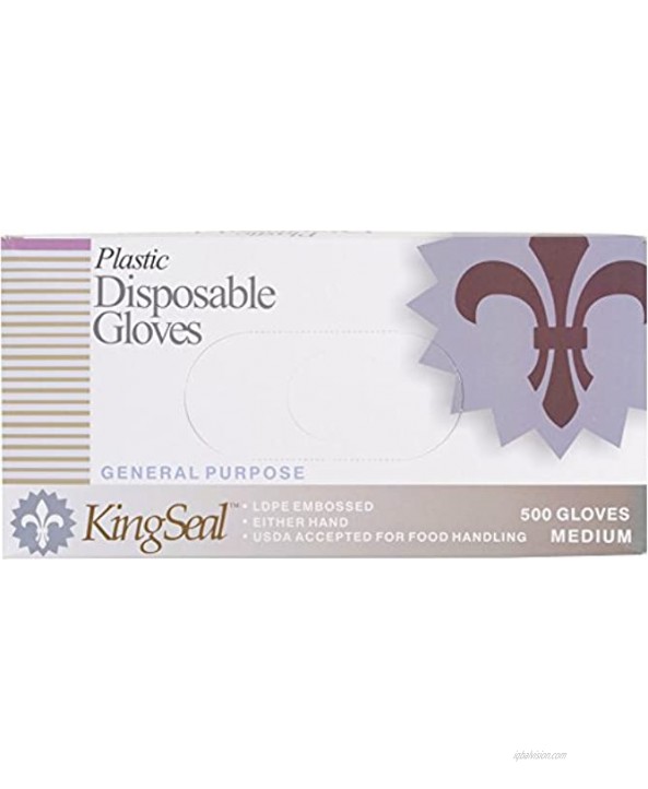 KingSeal Light Duty Poly Disposable Gloves Powder-Free Latex-Free Size Medium 1 Box of 500 Gloves By Weight