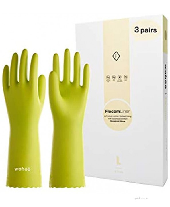 LANON Wahoo 3 Pairs PVC Household Cleaning Gloves Reusable Dishwashing Gloves with Cotton Flocked Liner Non-Slip Medium