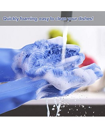 Magic Dishwashing Gloves with Scrubber Silicone Cleaning Reusable Scrub Gloves for Wash Dish,Kitchen Bathroom Blue,1 Pair: Right + Left Hand