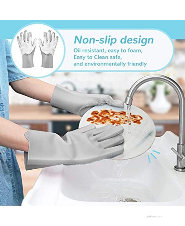 Meidong Upgrade Silicone Dishwashing Gloves Finger Tips with Bristles Cleaning Brush Heat Resistant with Sponge Scrubbers for Kitchen Clean Housework Bathroom Bathing Car Washing