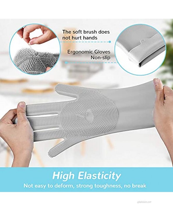Meidong Upgrade Silicone Dishwashing Gloves Finger Tips with Bristles Cleaning Brush Heat Resistant with Sponge Scrubbers for Kitchen Clean Housework Bathroom Bathing Car Washing