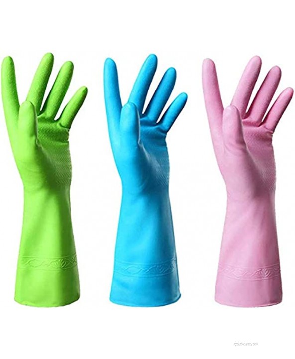 Mulfei 3 Pairs Household Cleaning Gloves Kitchen Reusable Dishwashing Rubber Gloves-Including Green Pink and Blue