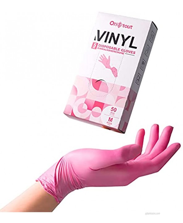 OriStout Pink Disposable Gloves Medium Vinyl Gloves Disposable Latex Free 5 mil 50 Count for Cleaning Food Prep Hair Dye Beauty Salon