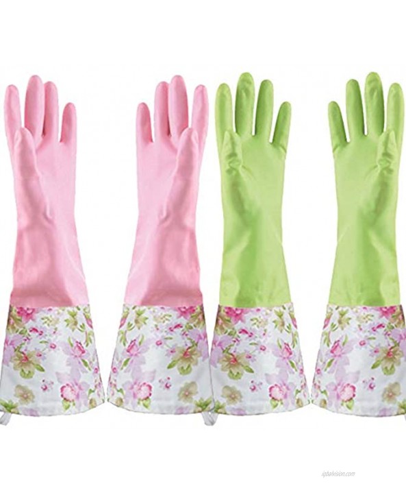 Rubber Latex Waterproof Dishwashing Gloves,Long Cuff and Flock Lining Household Cleaning Gloves 2 Pair