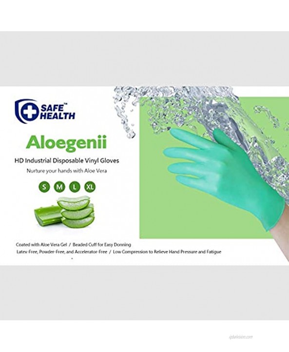 SafeHealth Aloegenii Synthetic Green Vinyl Disposable Gloves-Large | Aloe Vera-5.5 Mil Heavy Weight | Box of 100 | Powder-Free Latex-Free | Cleaning-Food Service-Office