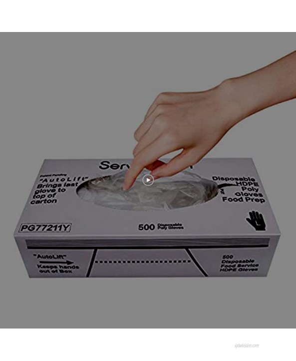 Serve Clean Disposable Poly Gloves 500 count Auto Lift carton dispenses last glove to top of carton. Keeps hands outside of carton.