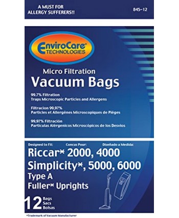EnviroCare Replacement Micro Filtration Vacuum Cleaner Dust Bags Made to fit Riccar 2000 4000 and Vibrance Series. Simplicity 5000 6000 and Symmetry Type A 12 Pack