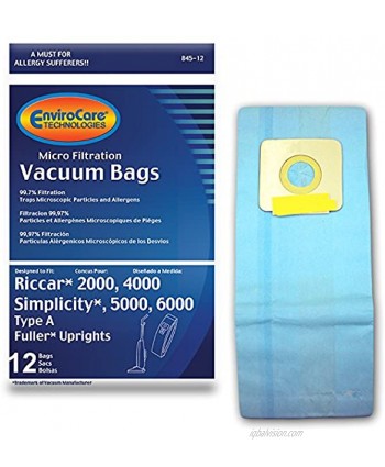 EnviroCare Replacement Micro Filtration Vacuum Cleaner Dust Bags Made to fit Riccar 2000 4000 and Vibrance Series. Simplicity 5000 6000 and Symmetry Type A 12 Pack
