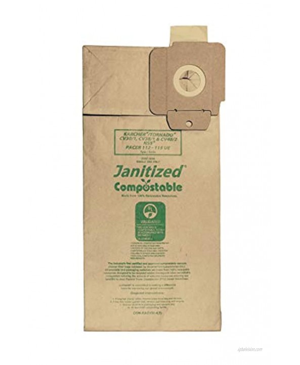 Janitized COM-KACV30-45 Compostable Paper Premium Replacement Commercial Vacuum Bag for Karcher Tornado CV30 1 and CV38 1 & NSS Pacer 112 & 115 UE vacuums Pack of 5
