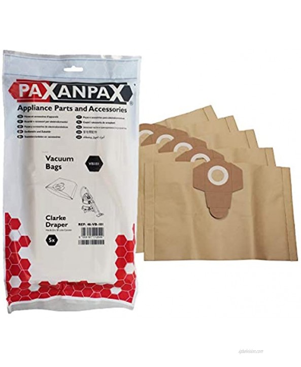 Paxanpax VB181 Compatible Paper Bags Fits Clarke Draper 20L Wet & Dry Series Pack of 5