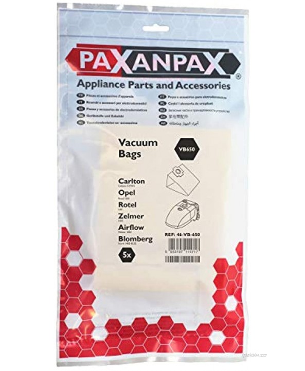 Paxanpax VB650 Compatible Paper Bags Zelmer DI49CW 1010-1020 Blomberg Storm BC02 1400 Carlton CV Calypso Rotel Compact Electronic 1000 Meteor Series Pack of 5