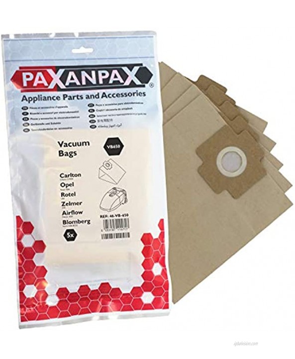 Paxanpax VB650 Compatible Paper Bags Zelmer DI49CW 1010-1020 Blomberg Storm BC02 1400 Carlton CV Calypso Rotel Compact Electronic 1000 Meteor Series Pack of 5