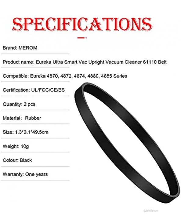 MEROM Replacement Belts Compatible with Eureka 4870 & 4800 Series Boss Ultra Smart Vac Upright Vacuums Style R Belt Fit Models 4870 4872 4874 4880 4885 Replace Part Number 61110 61110A 2 Pack