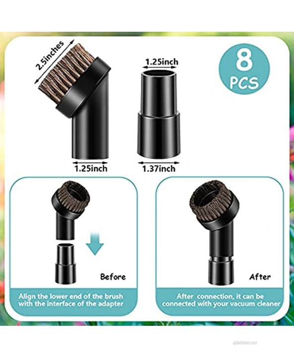 8 Pieces 25 mm House Hair Round Dust Brush 1.25 Inch Vacuum Cleaner Attachment Replacement Soft Mixed Bristles Replacement with 1-1 4 to 1-3 8 Inch Vacuum Hose Adapter Converter Replacement