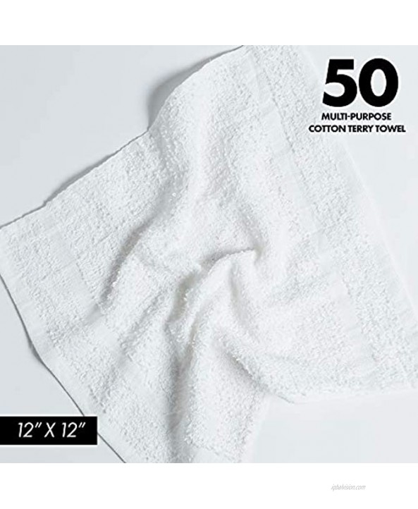 Cotton Terry Towel Cleaning Cloths 100% Cotton Terry Cloth Bar Rags White Bar Towels Multi-Purpose High Absorbent Terry Towels for Cleaning Auto Detailing or Painters White 12x12 Pack of 50