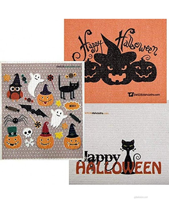 Halloween Trio A Set of 3 Cloths one of Each Design Swedish Dishcloths | ECO Friendly Absorbent Cleaning Cloth | Reusable Cleaning Wipes