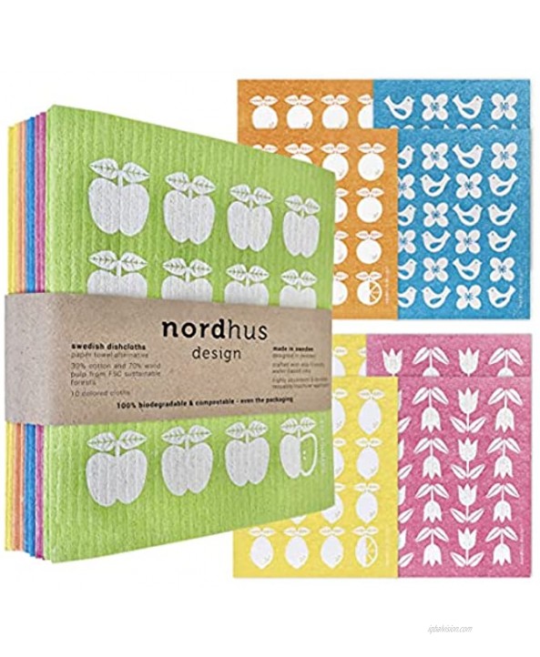 Nordhus Design Swedish Dishcloths: Original Reusable Quick Drying Cellulose Sponge Cleaning Cloths Replace Paper Towels Dish Sponges and Dish Rags- Swedish Dish Clothes Set of 10