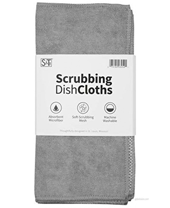 S&T INC. Microfiber Dish Cloths for Washing Dishes Microfiber Cleaning Cloths for Kitchen Cleaning With Poly Scour Scrubbing Side Grey 12 Inch x 12 Inch 10 Pack