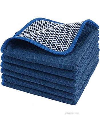 SINLAND Microfiber Dish Cloths High Absorbent Cleaning Cloths Fast Drying Kitchen Washcloths with Poly Scour Side 12 Inch x 12 Inch Navy Blue 6 Pack