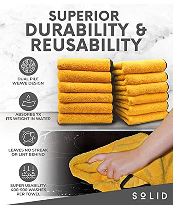 SoLiD 6 Pack Multipurpose Plush Microfiber Edgeless Cleaning Towel for Household Car Washing Drying & Auto Detailing 16 x 24