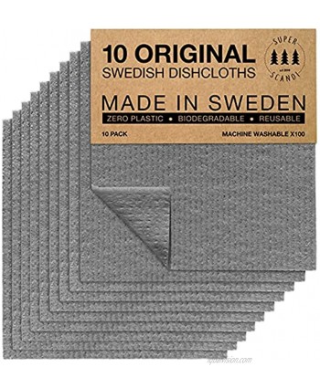 SUPERSCANDI Swedish Dish Clothes Grey 10 Pack Reusable Compostable Kitchen Cloth Made in Sweden Cellulose Sponge Dish Cloths for Washing Dishes