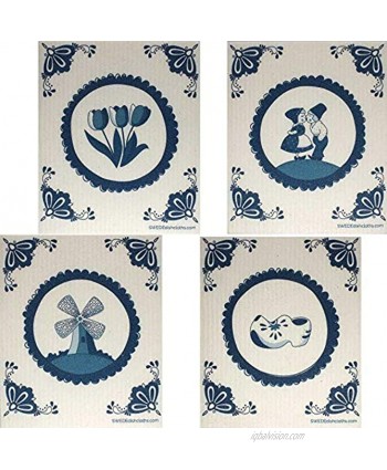 Swedish Dishcloths Mixed Dutch Designs Set of 4 Cloths One of Each Design | ECO Friendly Reusable Absorbent Cleaning Cloth