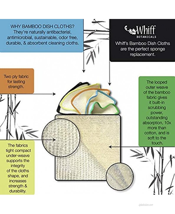 Whiff Botanicals Whiffkitch Bamboo Dish Cloths & Kitchen Wipes 6 Washable Reusable Absorbent Sustainable Durable Dish Rags Replace Your Sponge
