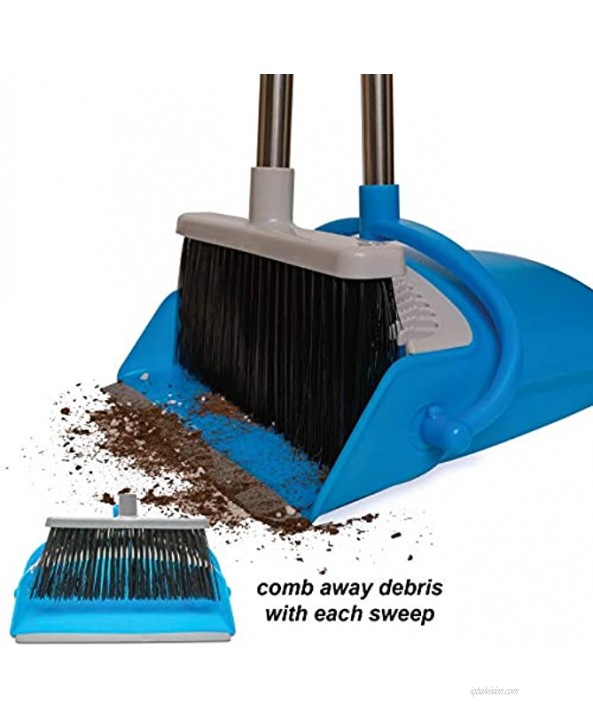BristleComb Outdoor Broom and Dustpan Set Upright – 49 Long Adjustable Broom and Dust Pan with Long Handle Self-Cleaning Comb & 2 Interchangeable Heads of Different Stiffness Medium and Coarse
