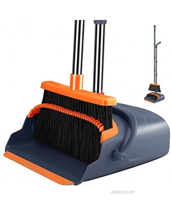 Kelamayi 2021 Upgrade Broom and Dustpan Set Large Size and Stiff Broom Dust pan with 55.9 inch Long Handle Upright Dustpan Broom Set Ideal for Indoor Outdoor Garage Kitchen Room Office Lobby Use