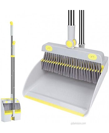 Max 52'' Broom and Dustpan Set Multifunctional Adjustable Long Handle Soft Bristle Dust Broom with Stand Up Dustpan Cloth Gripper 360° Rotatable Head for Indoor Wood Floor Kitchen Bed&Sofa Bottom