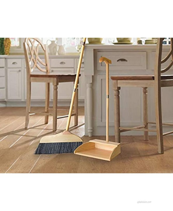 OAKART Wood Broom and Dustpan Set Long Handle Upright Sweeper for Home Kitchen Indoor Pig Hair