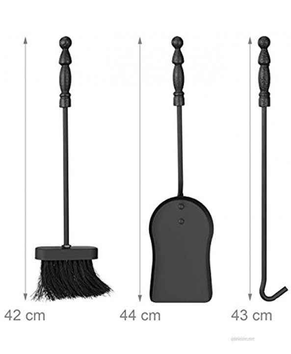 Relaxdays Modern Cast Fire Irons Knight 4-Piece Fireplace Companion Set with Shovel Broom Poker and Rack 72 x 21 x 12.5 cm Black