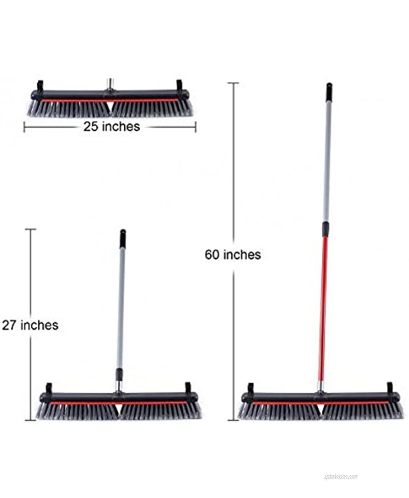 25 Push Broom Brush Stiff Bristles Adjustable Telescopic，Indoor Outdoor Broom with Stiff Bristles,Deck Brush Floor Scrub Brush Cleans Sidewalk Driveway Yard Patio Tiles Wall and Deck